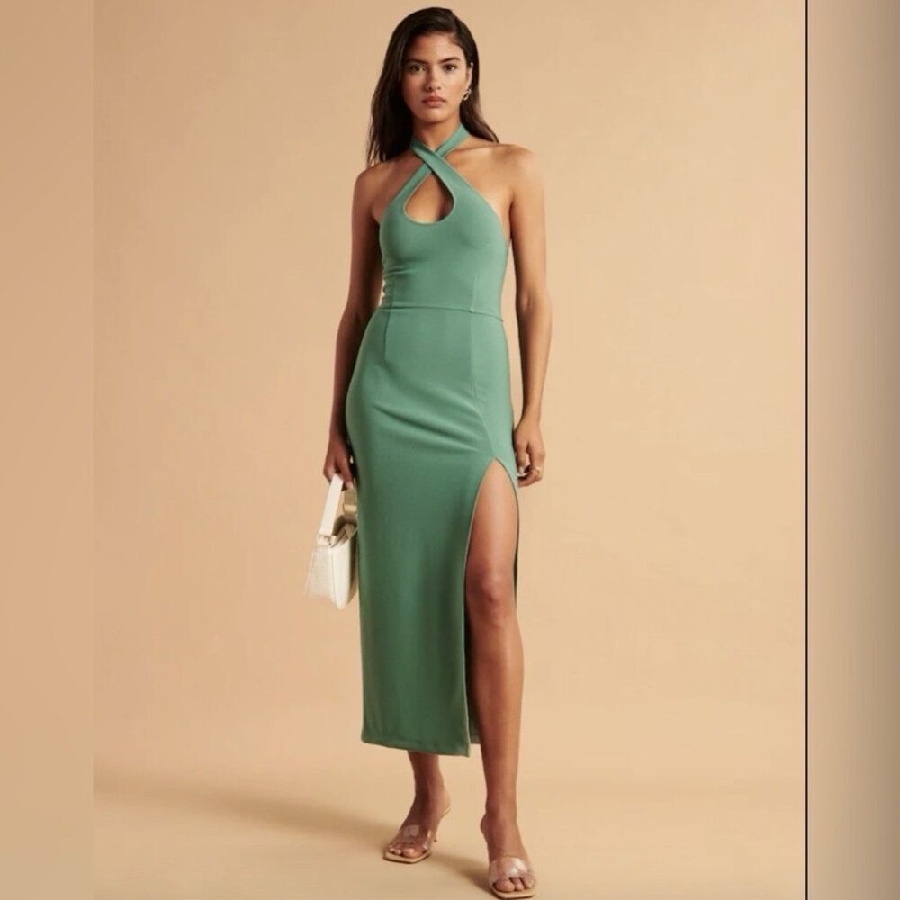Abercrombie & Fitch Keyhole Halter Midi Dress Green Open Back Side Slit Nwt Mp